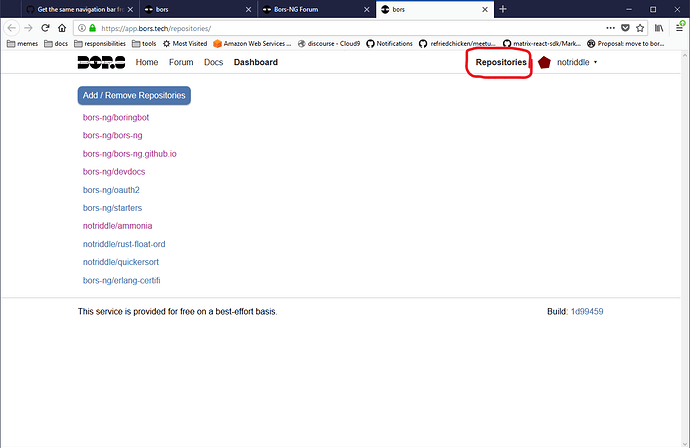 On a large screen, the Repositories button is next to your user menu